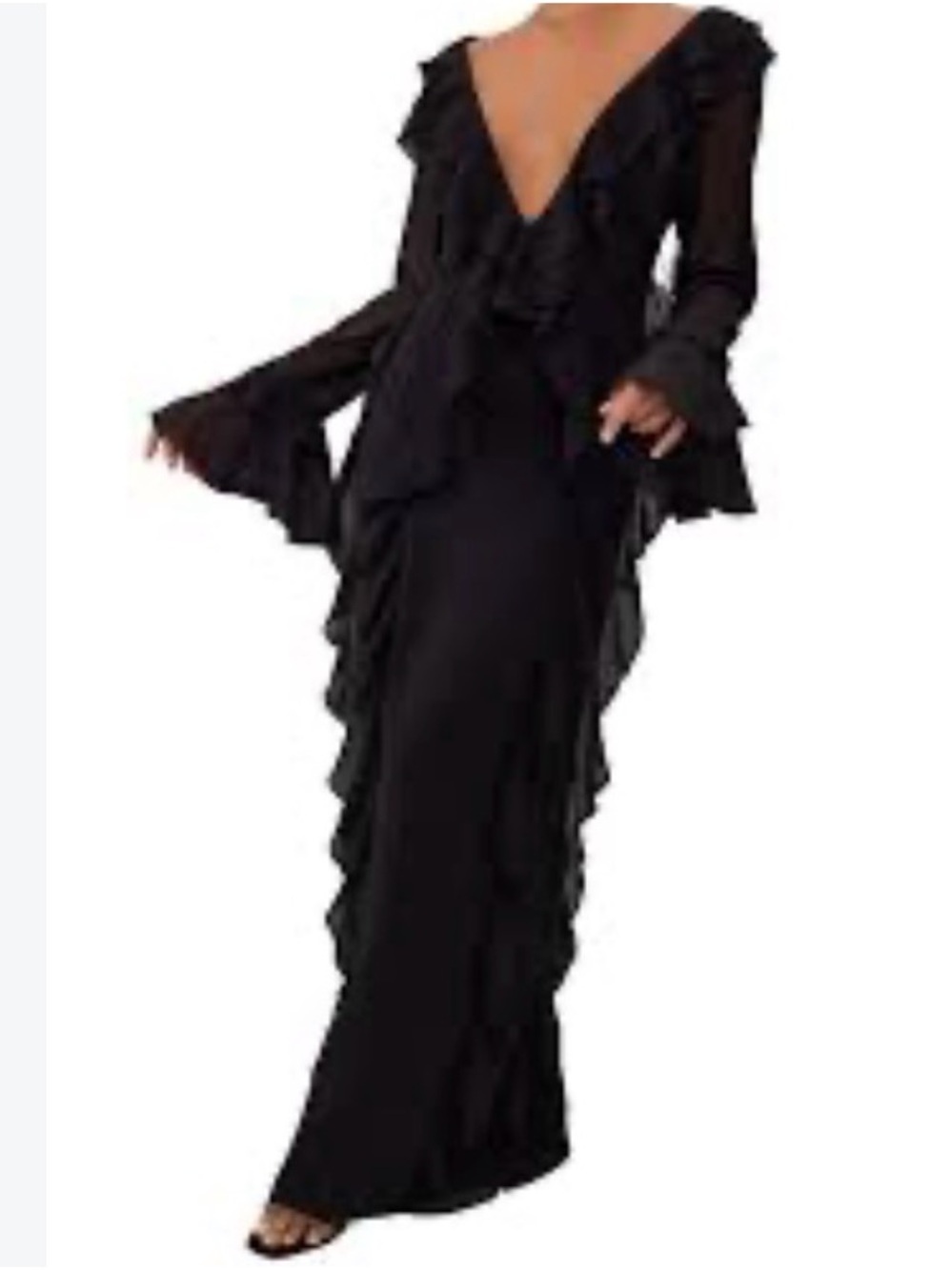 Black V-Neck Ruffle Maxi Dress with Flared Sleeves #230